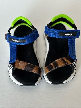 Versace (Italy) Kids, Blue, Brown & Neon Green Animal-Accent Sport Sandals